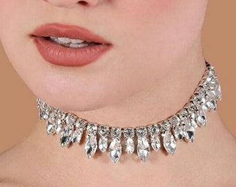 Collana girocollo con strass, girocollo con diamanti spessi, girocollo di cristallo, girocollo da damigella d'onore in cristallo, ampia collana con diamanti, girocollo con sposa con strass