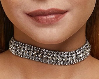 Strass choker ketting, dikke diamant choker, 5 rijen kristallen choker, kristallen bruidsmeisje choke, strass bruid choker, strass choker