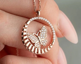 925 Sterling Silver Rose Gold Butterfly Necklace, Butterfly Charm, Butterfly Pendant, Silver Butterfly Necklace, Minimalist Necklace