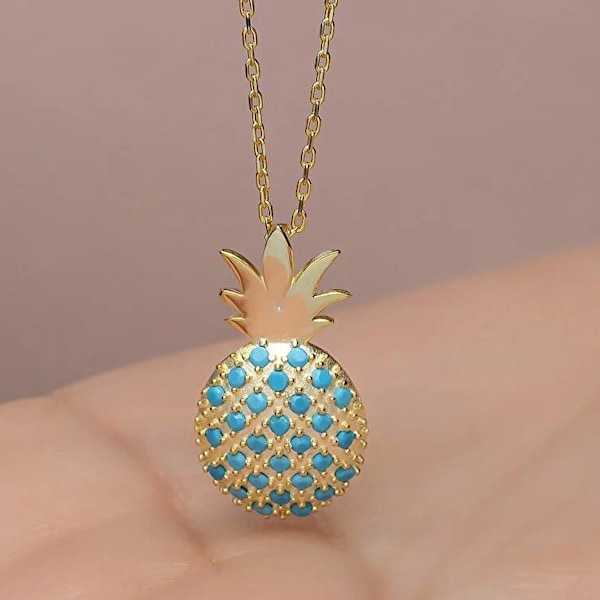 925 Sterling Silver Turquoise Stone Pineapple Necklace, Gold Pineapple Pendant, Turquoise  Pineapple Charm Necklace, Fruit Necklace