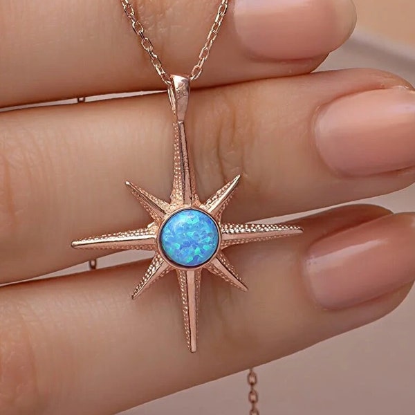 925 Sterling Silver Blue Opal North Star Necklace, Opal North Star Necklace, Minimalist Necklace, North Star Jewelry, North Star Charm