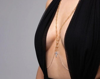 24K Gold Plated Crucifix Body Chain, Layering Body Chain, Bikini Body Jewelry, Festival Body Chain, Minimalist Body Chain, Dainty Body Chain