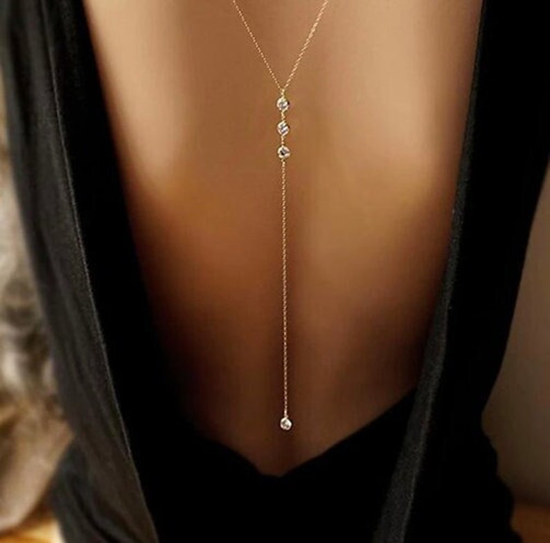 14K Gold Plated Swarovski Stone Back Chain, Body Jewelry, Body Chain, Layered Body Chain Bralette, Bikini Body Jewelry, Gold Back Chain image 1