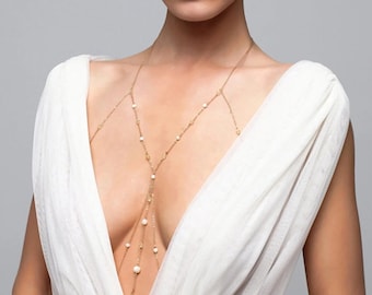 24K Gold Plated Swarovski Crystal and Mother of Pearl Stone Body Chain, Bikini Body Chain, Festival Body Chain, Minimalist Body Chain