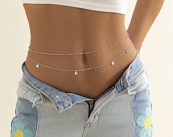 Chaîne de ventre argentée, Superposition de chaînes de corps, Bijoux de corps de bikini, Chaîne de corps festival, Chaîne de corps minimaliste, Chaîne de corps argentée