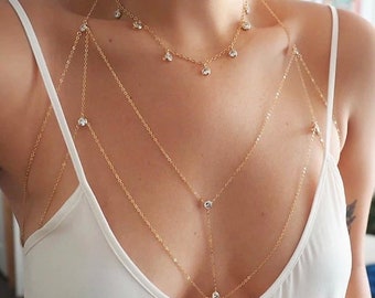 14K Gold Plated Swarovski Body Chain, Layering Body Chain, Bikini Body Jewelry, Festival Body Chain,Minimalist Body Chain, Dainty Body Chain