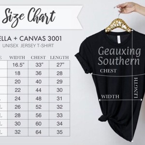 May include: Size chart for a unisex jersey t-shirt, showing measurements in inches for chest, width, and length. The chart includes sizes XS to 5XL.