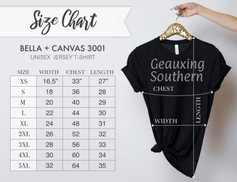 May include: Size chart for a unisex jersey t-shirt, showing measurements in inches for chest, width, and length. The chart includes sizes XS to 5XL.
