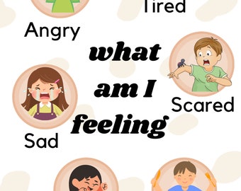 May include: A colorful chart with illustrations of children expressing different emotions. The chart includes the words "what am I feeling?" and the emotions: angry, tired, scared, sad, happy, and hungry.
