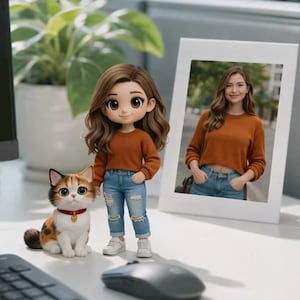 Può includere: Una statuina di cartone animato di una donna con un maglione arancione e jeans strappati, accanto a un gatto calico con un collare rosso. È presente anche una foto incorniciata di una donna con un abbigliamento simile. La scena è ambientata su una scrivania bianca con tastiera, mouse e una pianta in vaso.