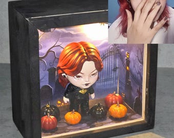 Custom Halloween Light Up Shadow Box Personalized 7cm Figurine Diorama LED Display, Spooky Decor Handmade Gift