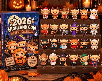 Highland Cow Christmas Advent Calendar – 24 Cute Multi color 3D Printed Mini Cow Figurines, Holiday Countdown Gift