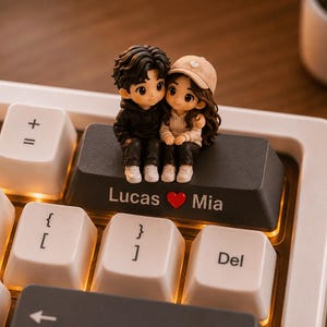May include: A custom black mechanical keyboard keycap featuring a miniature figurine of a couple sitting together. The keycap is printed with the text Lucas, a red heart symbol, and the name Mia in white lettering, positioned on a white keyboard.
