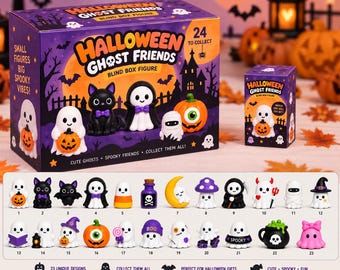 Halloween Blind Box Mini Figures, Cute Spooky Ghost Mystery Box, 3D Printed Collectible Figurines, Halloween Keychain, 24 Piece Full Set