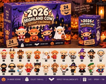 Highland Cow Halloween Blind Box, 24 Cute Spooky Mini Figures, 3D Printed Collectible Figurines, Mystery Box, Halloween Keychain