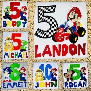 Embroidered Mario, Gamer Birthday shirt personalized with name, Inspired by Super Mario, Bowser, yoshi, Shirt, Peach, family shirt, gamer