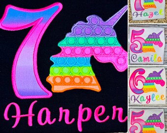 embroidered Pop It Unicorn, Unicorn Birthday Shirt, Pop It T Shirt, Pop It Birthday Girl, Custom Named Any Age Custom Birthday Tee Shirt