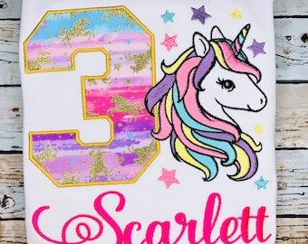 Unicorn Shirt for Girls, Unicorn Birthday Shirt, Glitter Unicorn Shirt, Floral Unicorn Birthday Shirt, 3rd Birthday Shirt for Girls, Unicorn