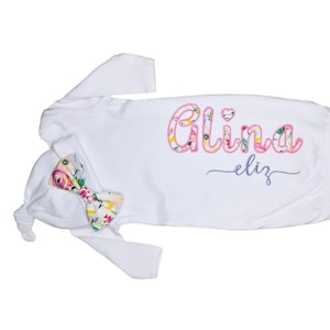 personalized infant gown with floral appliqué print, new baby gift, coming home outfit, shower gift, baby girl, Baby girl name gown, Bow Hat