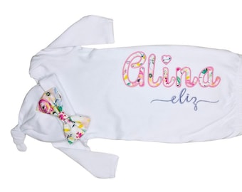 personalized infant gown with floral appliqué print, new baby gift, coming home outfit, shower gift, baby girl, Baby girl name gown, Bow Hat
