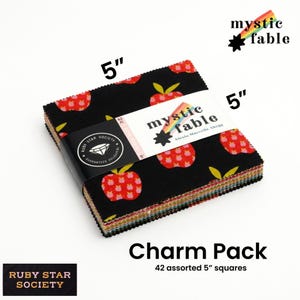 May include: A stack of 42 assorted 5-inch fabric squares. The fabric features a black background with a repeating pattern of red apples. The package is labeled "Charm Pack" and includes the text "mystic fable" and "Ruby Star Society".
