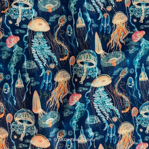 Jellyfish Field Deep Blue Fabric | Windham Fabrics Deep Blue by Katherine Quinn | Ocean Jellyfish Cotton Fabric by the Yard