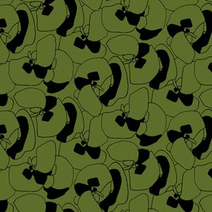 May include: A repeating surface pattern featuring stylized, abstract floral shapes in olive green with bold, black outlines and solid black interior accents. The design consists of overlapping organic forms that create a continuous, dense graphic motif.
