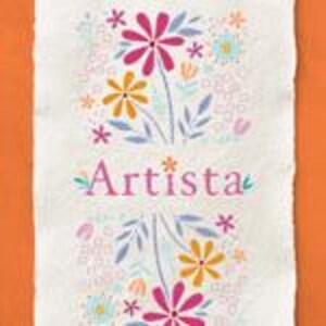 May include: A rectangular, off-white fabric with a floral design and the word "Artista" in pink script. The flowers are in shades of pink, yellow, and blue, with green leaves and stems. The background is a mix of small, light-colored floral elements.