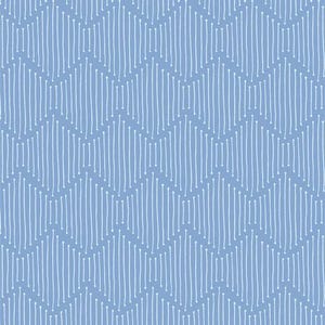 May include: A seamless pattern featuring a light blue background with a repeating design of vertical white lines. Each line has a small white dot at the top and bottom, creating a zig-zag effect across the surface. The design is simple and modern.