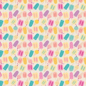 May include: A repeating pattern on a light beige background featuring various colorful ice cream treats. The design includes pink, yellow, purple, and teal popsicles, ice cream cones with sprinkles, and round scoops topped with a single red cherry.