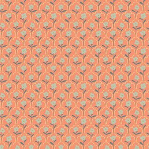 May include: A repeating pattern of stylized flowers on a coral background. The flowers are light blue with gray stems and leaves. The background has a yellow outline, creating a scalloped effect.