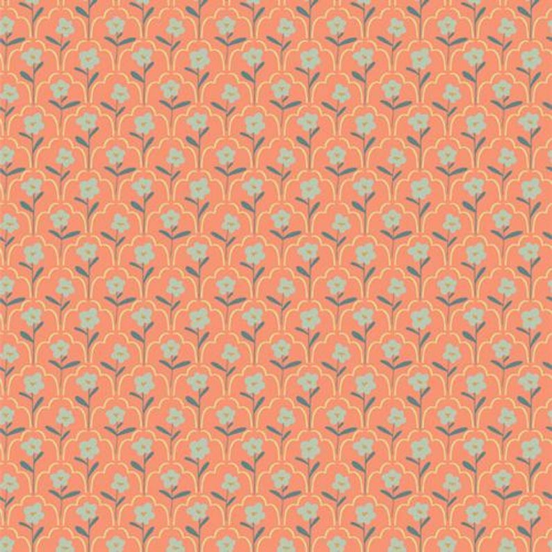 May include: A repeating pattern of stylized flowers on a coral background. The flowers are light blue with gray stems and leaves. The background has a yellow outline, creating a scalloped effect.