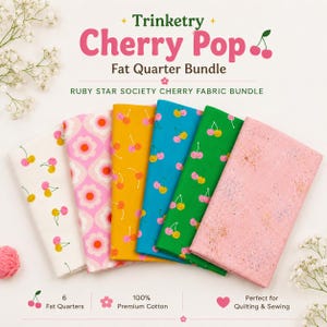 May include: A bundle of six fat quarters in various colors, including white, pink, yellow, teal, and green. Each fabric features a cherry pattern. The text "Cherry Pop Fat Quarter Bundle" is displayed at the top.
