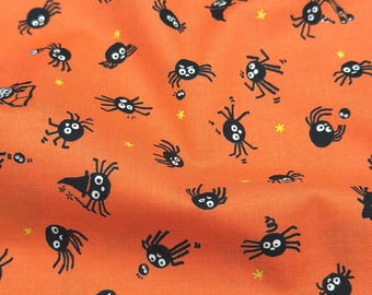 Freaky Familiars Pumpkin Spider Fabric, Ruby Star Society RS5191 13, Halloween Spider Fabric, Orange Quilting Cotton