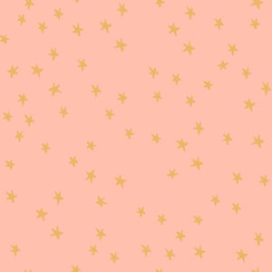 May include: A repeating pattern of hand-drawn gold stars scattered across a soft peach background. The stars vary slightly in size and orientation, creating a whimsical and playful design. This pattern is suitable for various applications.