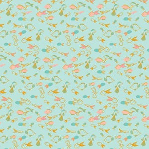 May include: A light blue fabric featuring a repeating pattern of small fish illustrations in shades of pink, orange, and teal. The fish are depicted in a simple, hand-drawn style with thin outlines, scattered across the surface in various orientations.