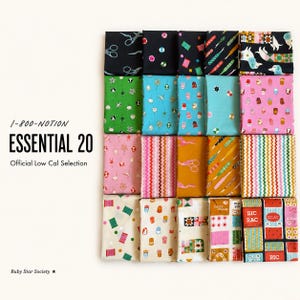 May include: A collection of twenty fabric squares arranged in a grid, featuring various sewing-themed patterns like scissors, thimbles, and ric rac in vibrant colors. Text on the left reads 1-800-NOTION ESSENTIAL 20 Official Low Cal Selection.