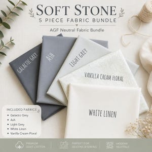 May include: A five-piece fabric bundle labeled "Soft Stone." The bundle includes fabrics in shades of gray, including "Galactic Grey," "Ash," and "Light Grey," along with "White Linen" and "Vanilla Cream Floral." The fabrics are described as premium quilt cotton.