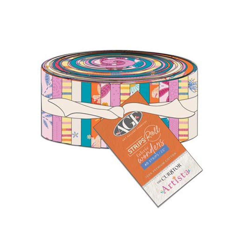 May include: A roll of colorful fabric strips, featuring a variety of floral and geometric patterns in pink, teal, orange, and white. The roll is tied with a cream-colored ribbon and includes a tag that reads "STRIPS Roll wonders".