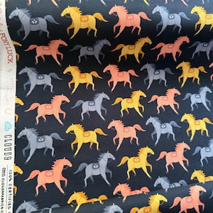 Canter, Fabric by the Yard, 100% Organic Cotton, By Cloud9 Fabrics, Petals and Pony Luck Collection, Horse Cowboy Print In Navy