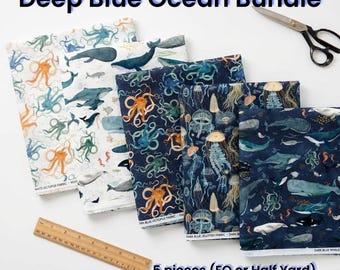 Deep Blue Fabric Bundle by Katherine Quinn for Windham Fabrics, Ocean Quilt Fabric, Whale Jellyfish Octopus Fabric, 5-pc Fat Quarter Bundle