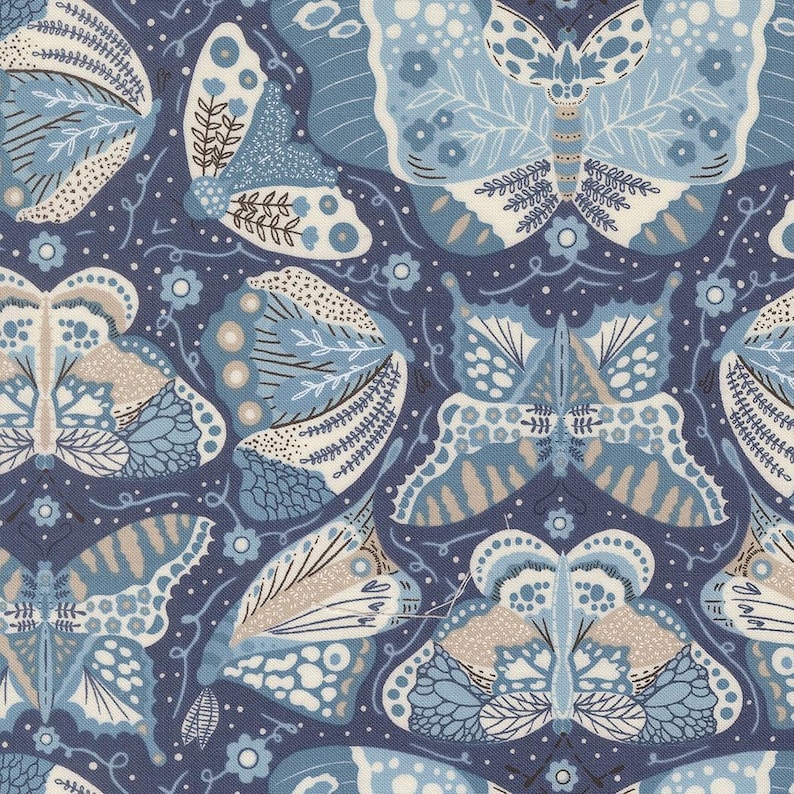 May include: A repeating pattern of stylized butterflies in shades of blue, beige, and white on a dark blue background. The butterflies have intricate wing designs with floral and leaf motifs. The overall design is a seamless, decorative pattern.