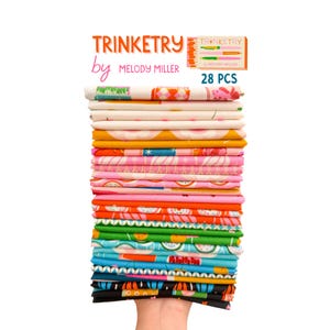 May include: A stack of 28 fabric pieces in various colors and patterns. The fabrics include designs with fruits, geometric shapes, and floral motifs. The text "TRINKETRY by MELODY MILLER" is displayed at the top, along with a small illustration.