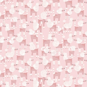 May include: A repeating pattern of pink poodles with white fluffy fur and accents. The poodles are in various poses, with some standing and others walking. The background is a solid light pink color.