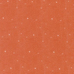 May include: A repeating pattern of white starbursts on a solid orange background. Each starburst has a central dot with radiating lines, creating a textured, circular design. The overall effect is a vibrant, eye-catching pattern.