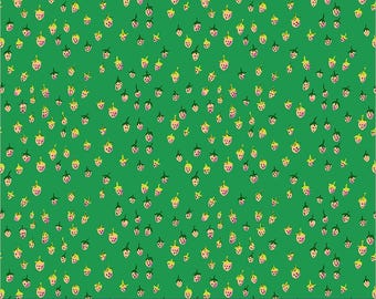 Field Strawberries Jade | Heather Ross Favorites | Windham Fabrics Cotton | Strawberry Fabric | Green Cottagecore Quilt Fabric