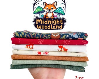 Midnight Woodland Fat Quarter/Half Yard Bundle, 7 Piece Fabric Bundle, Forest Green Red Floral Mushroom Cream Quilting Cotton Bundle
