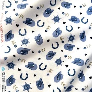 Rodeo Romance In Blue, Fabric by the Yard, 100% Organic Cotton, By Cloud9 Fabrics, Petals and Pony Luck Collection, Cowboy Print