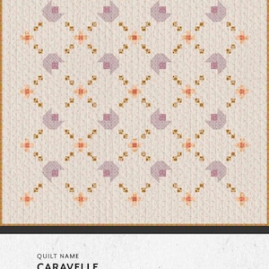 May include: A quilted textile with a repeating pattern of stylized floral and geometric shapes in shades of lavender, peach, and brown on a cream background. The quilt measures 60 x 72 inches.