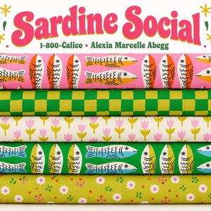 May include: Five stacked bolts of fabric featuring Sardine Social, 1-800-Calico, Alexia Marcelle Abegg text. Patterns include orange and white fish on pink, green checkerboard, pink tulips on cream, blue and yellow fish on green, and white flowers on olive.